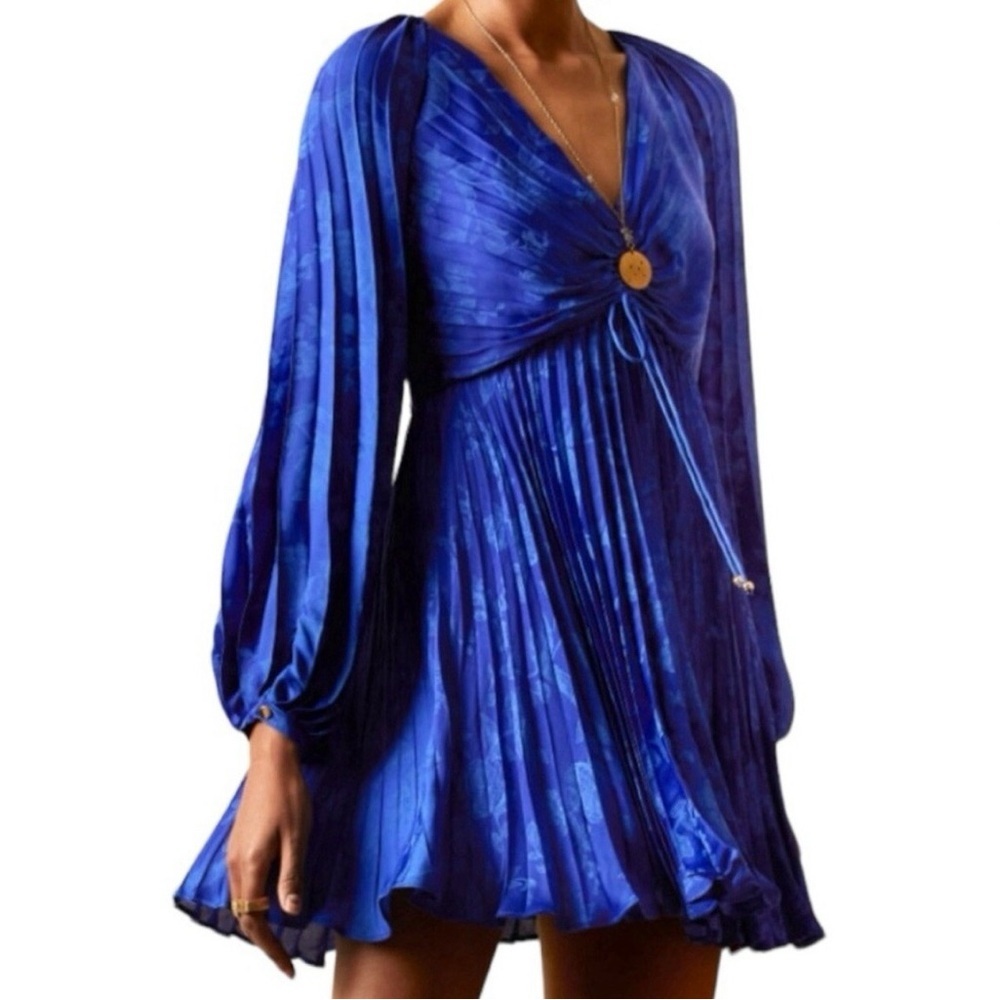 Banana Republic Women Radiant Royal Blue Floral V-Neck Pleated MiniDress Size 10